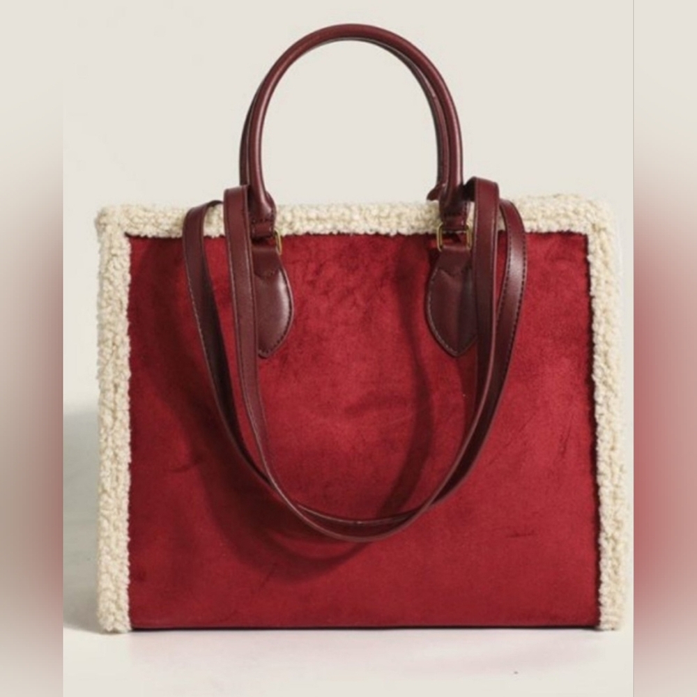 Minimal Fuzzy Shoulder Bag Red Vegan Leather NWOT